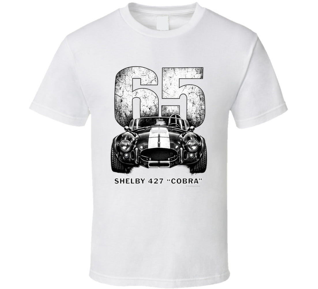  "1965 Shelby 427 Cobra vintage racing t-shirt in white with distressed black graphic design"