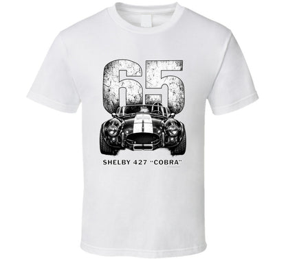  "1965 Shelby 427 Cobra vintage racing t-shirt in white with distressed black graphic design"