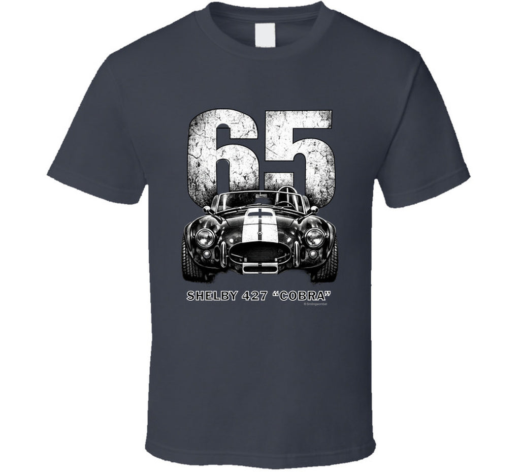 "1965 Shelby 427 Cobra classic car t-shirt in charcoal grey with weathered racing graphics"