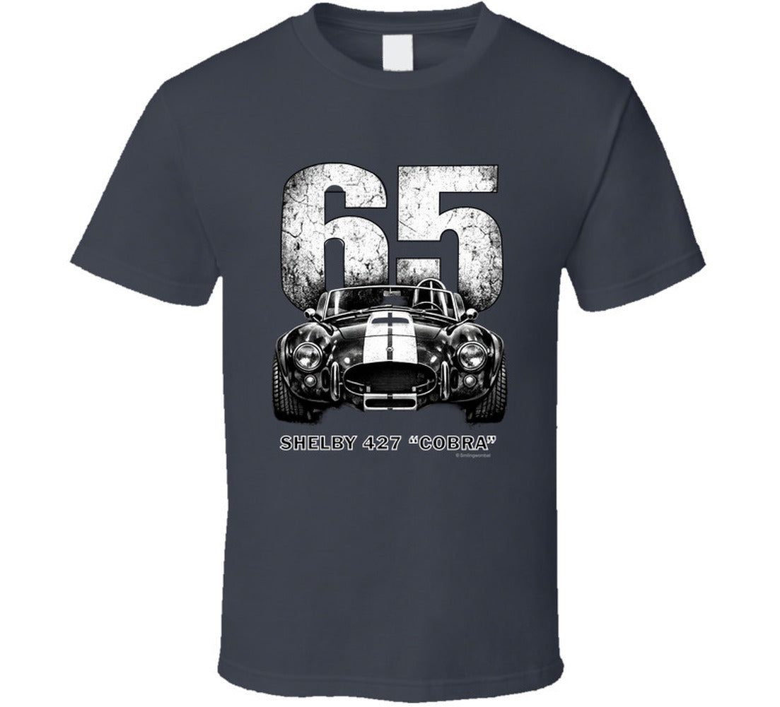 "1965 Shelby 427 Cobra classic car t-shirt in charcoal grey with weathered racing graphics"