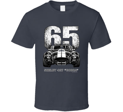 "1965 Shelby 427 Cobra classic car t-shirt in charcoal grey with weathered racing graphics"