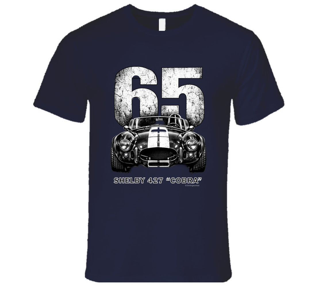"1965 Shelby 427 Cobra racing t-shirt in navy blue with retro distressed artwork"