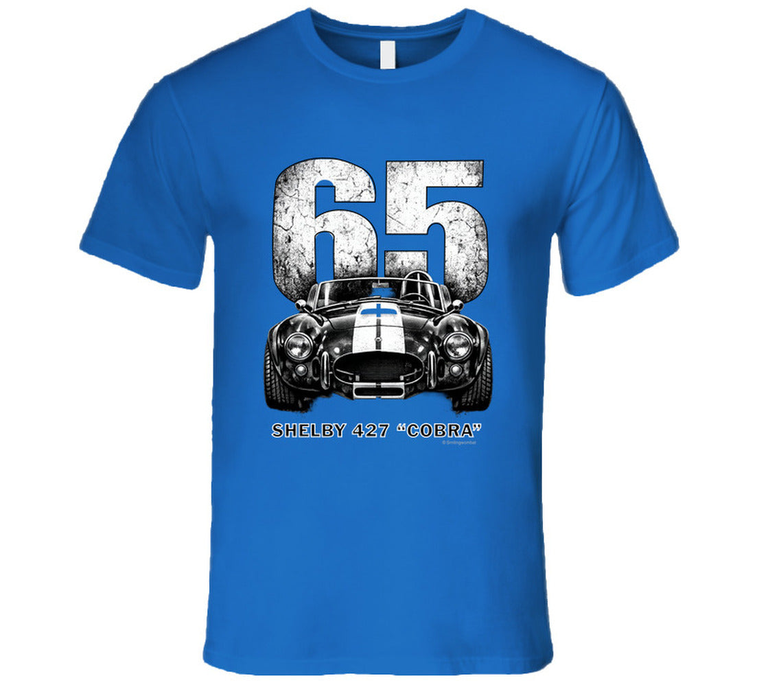  "1965 Shelby 427 Cobra vintage automotive t-shirt in royal blue with bold distressed design"