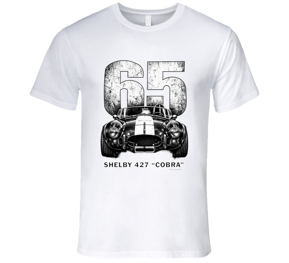  "1965 Shelby 427 Cobra vintage racing t-shirt in white with distressed black graphic design"