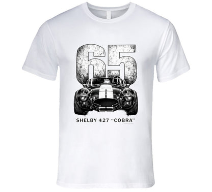  "1965 Shelby 427 Cobra vintage racing t-shirt in white with distressed black graphic design"