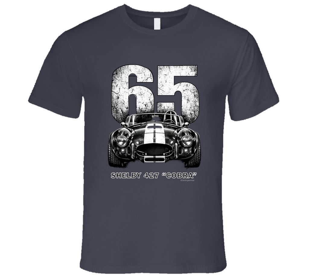 "1965 Shelby 427 Cobra classic car t-shirt in charcoal grey with weathered racing graphics"