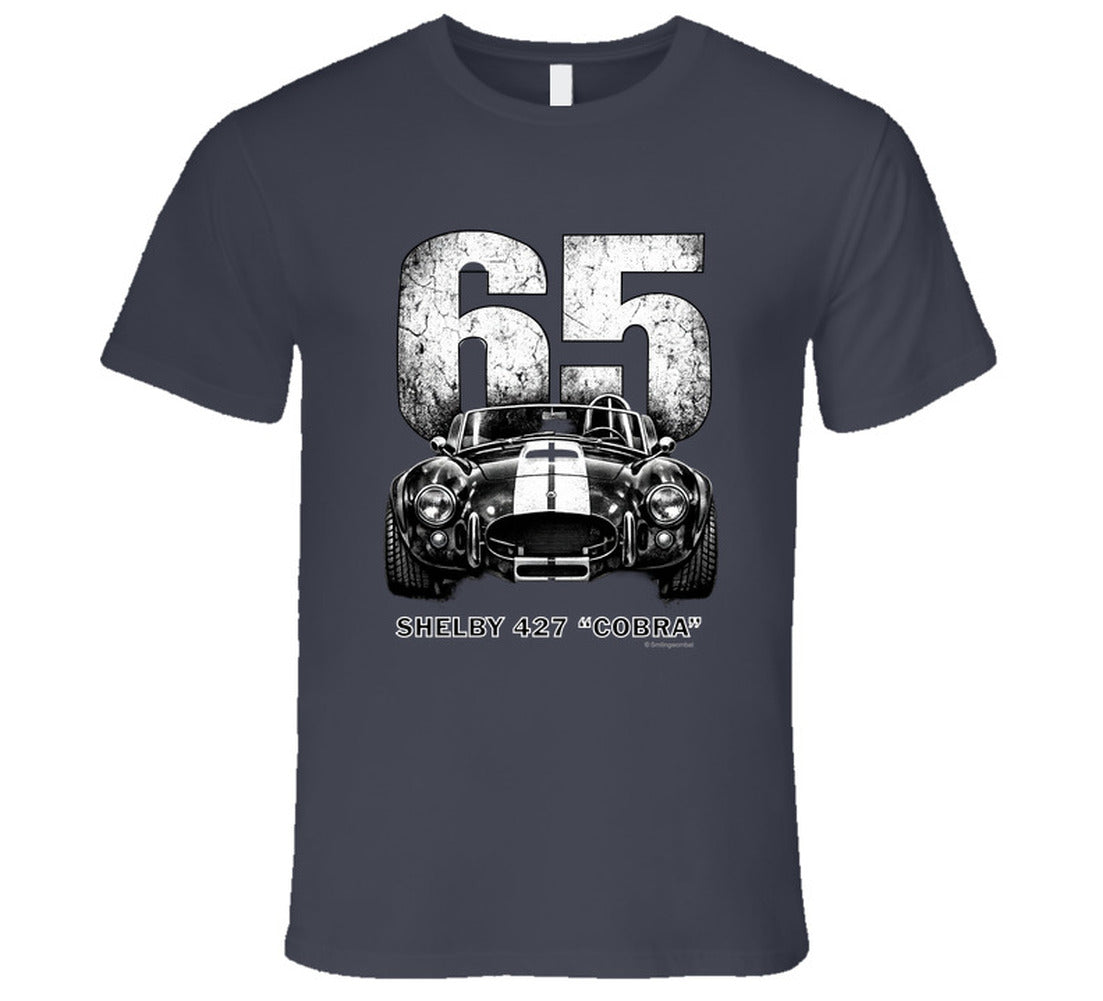 "1965 Shelby 427 Cobra classic car t-shirt in charcoal grey with weathered racing graphics"