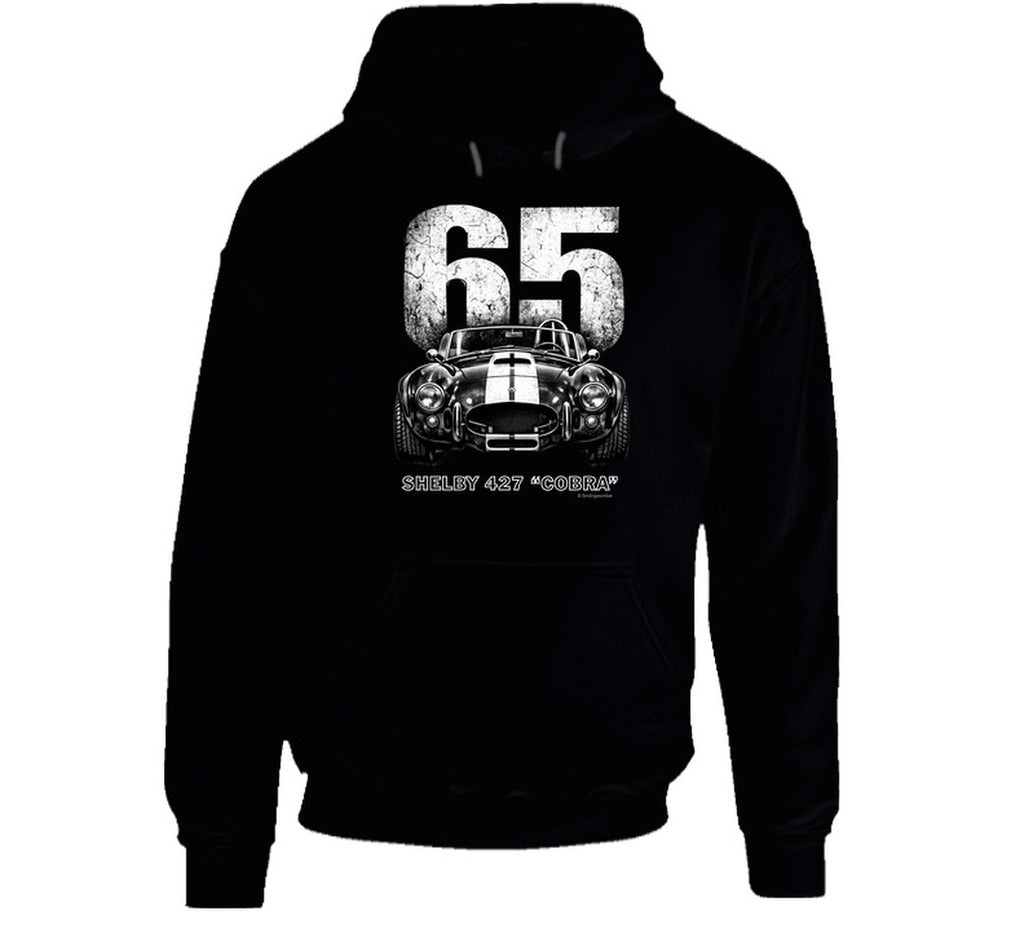 "1965 Shelby 427 Cobra retro car hoodie in black with vintage distressed print"