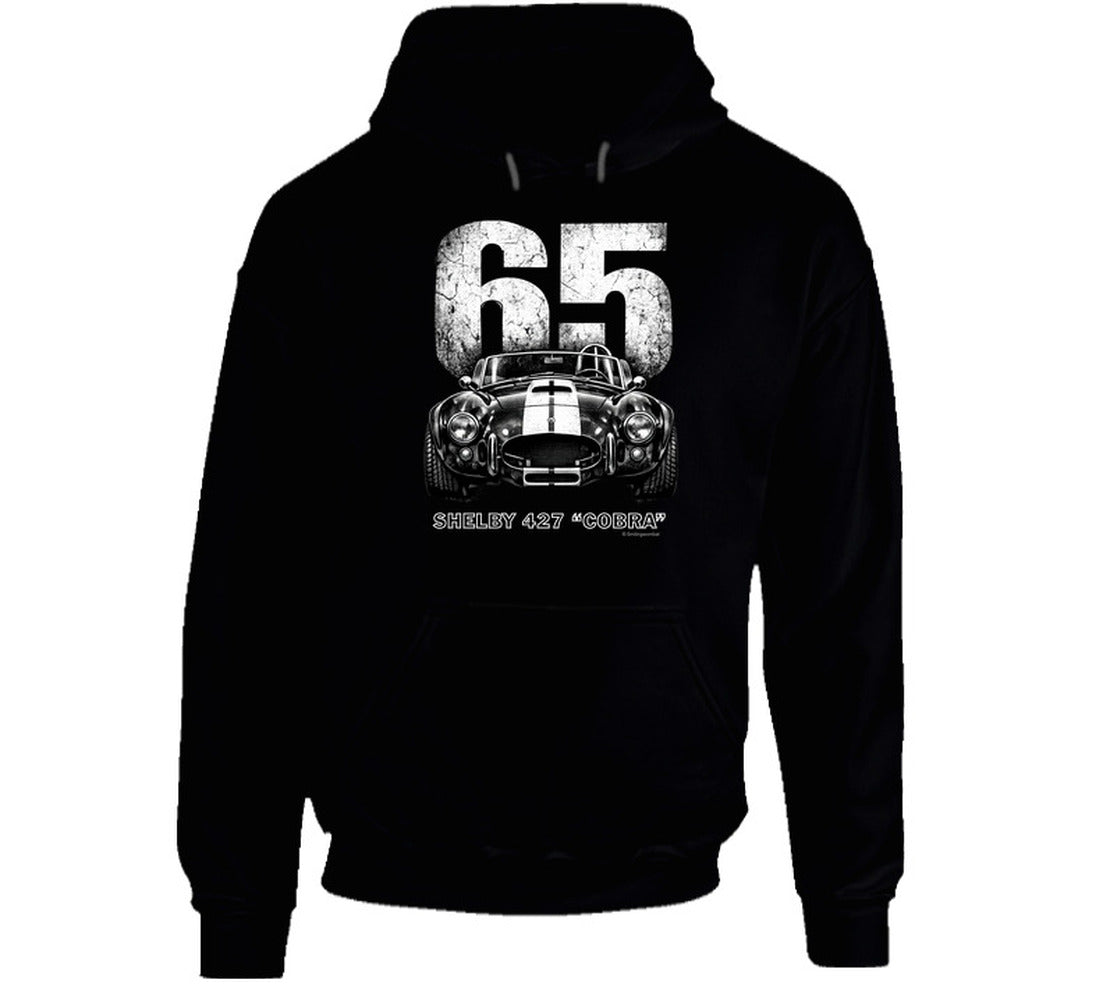 "1965 Shelby 427 Cobra retro car hoodie in black with vintage distressed print"