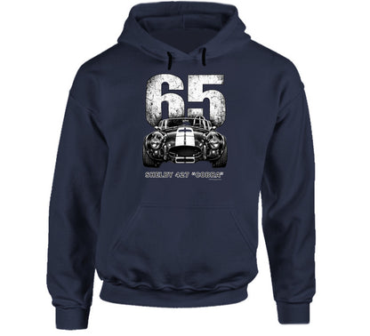 "1965 Shelby 427 Cobra racing hoodie in navy blue with retro distressed artwork"