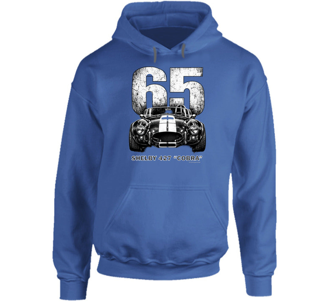 "1965 Shelby 427 Cobra vintage automotive hoodie in royal blue with bold distressed design"