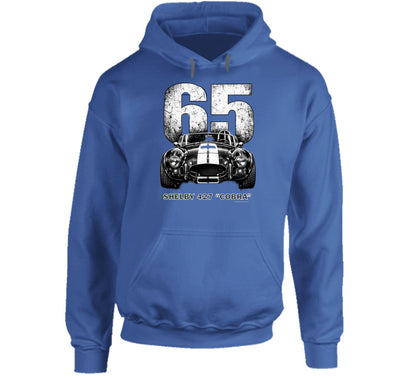 "1965 Shelby 427 Cobra vintage automotive hoodie in royal blue with bold distressed design"