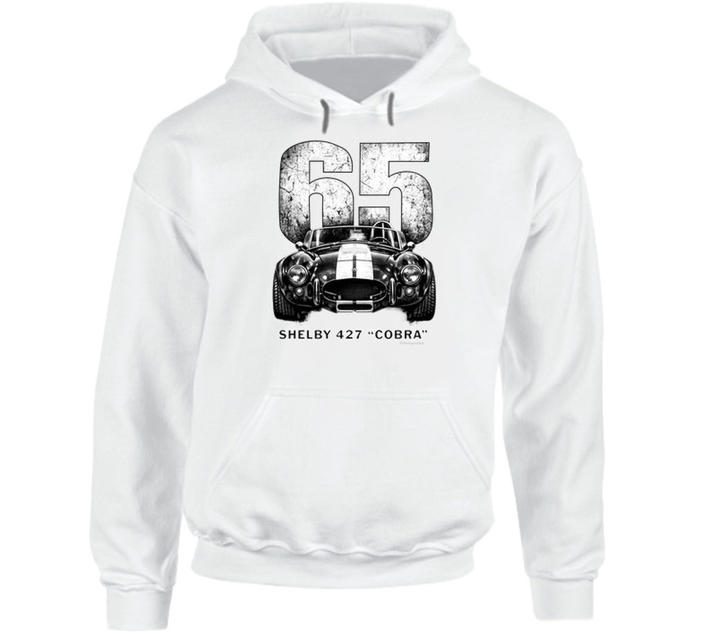 "1965 Shelby 427 Cobra vintage racing hoodie in white with distressed black graphic design"