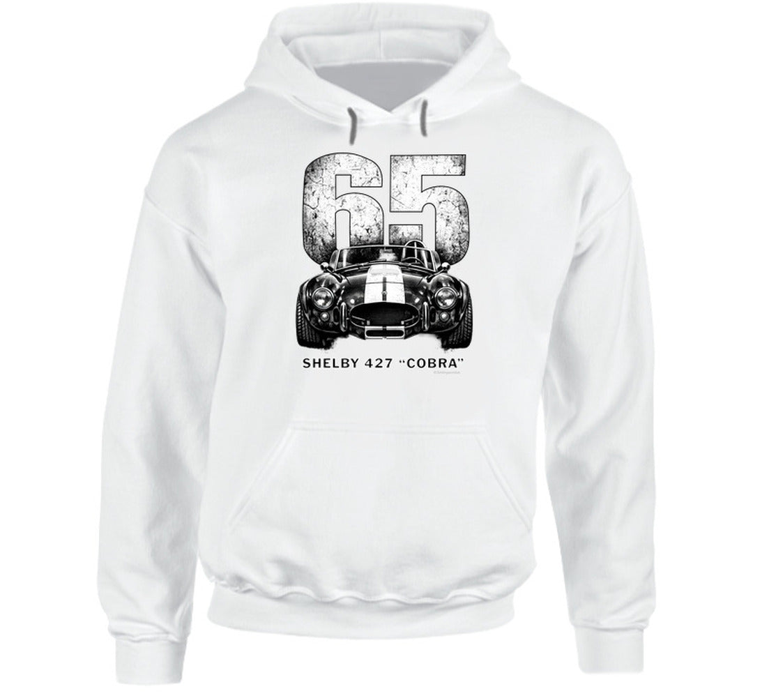 "1965 Shelby 427 Cobra vintage racing hoodie in white with distressed black graphic design"