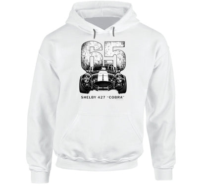 "1965 Shelby 427 Cobra vintage racing hoodie in white with distressed black graphic design"