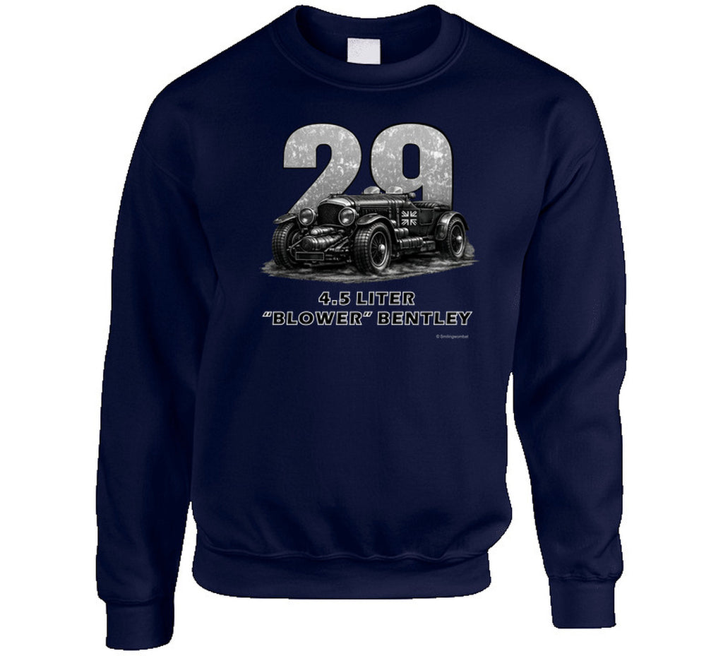 "1929 Blower Bentley vintage racing car sweatshirt in navy blue with distressed graphic design"