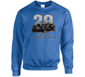 "1929 Blower Bentley vintage racing car sweatshirt in royal blue with distressed graphic design"