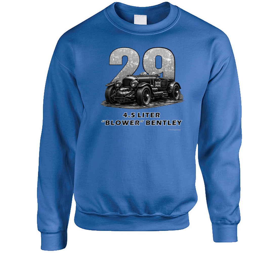 "1929 Blower Bentley vintage racing car sweatshirt in royal blue with distressed graphic design"