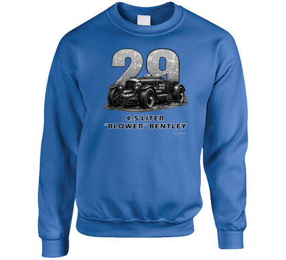 "1929 Blower Bentley vintage racing car sweatshirt in royal blue with distressed graphic design"