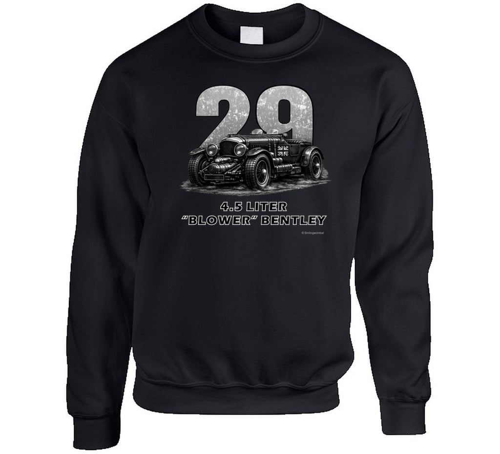 "1929 Blower Bentley vintage racing car sweatshirt in black with distressed graphic design"