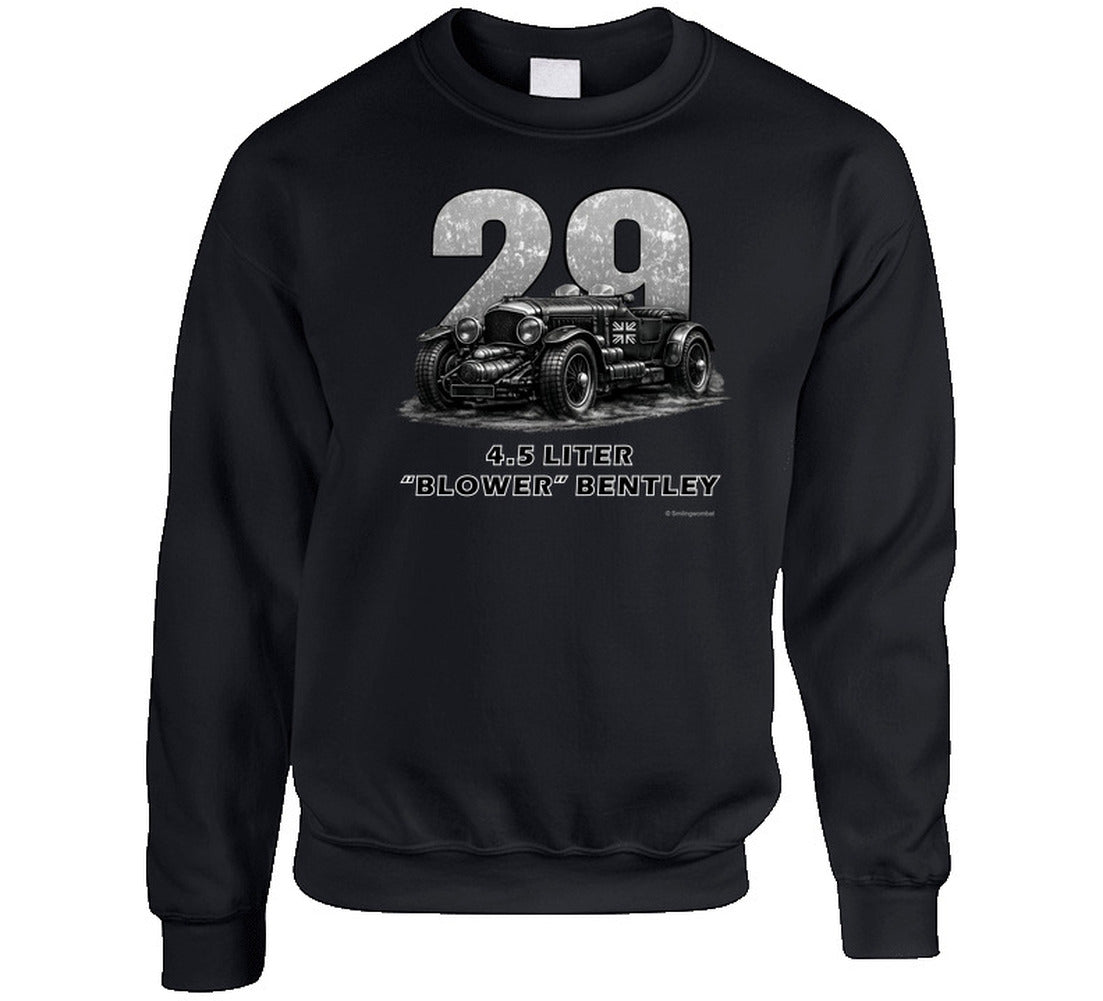 "1929 Blower Bentley vintage racing car sweatshirt in black with distressed graphic design"
