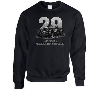 "1929 Blower Bentley vintage racing car sweatshirt in black with distressed graphic design"