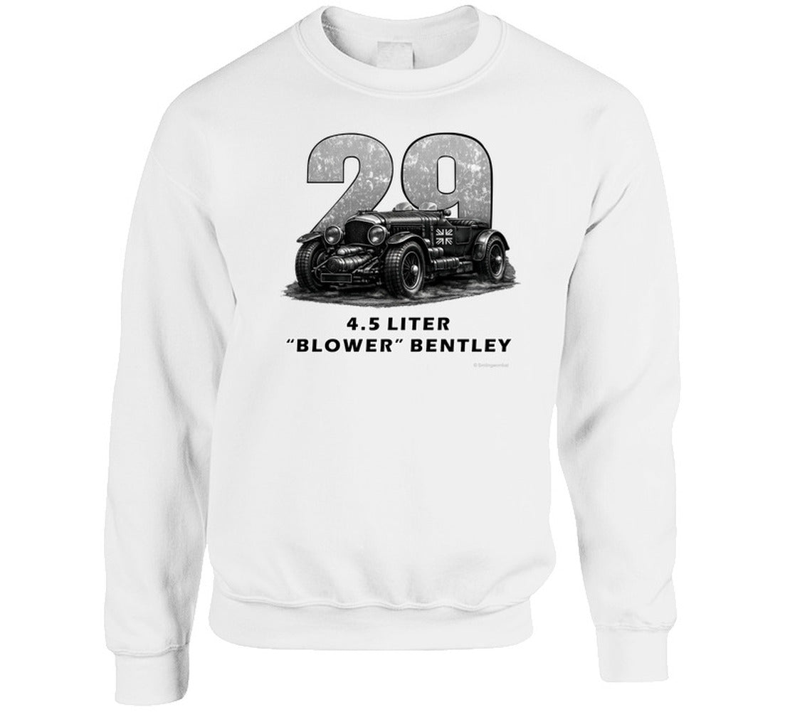 "1929 Blower Bentley vintage racing car sweatshirt in white with distressed black graphic design"