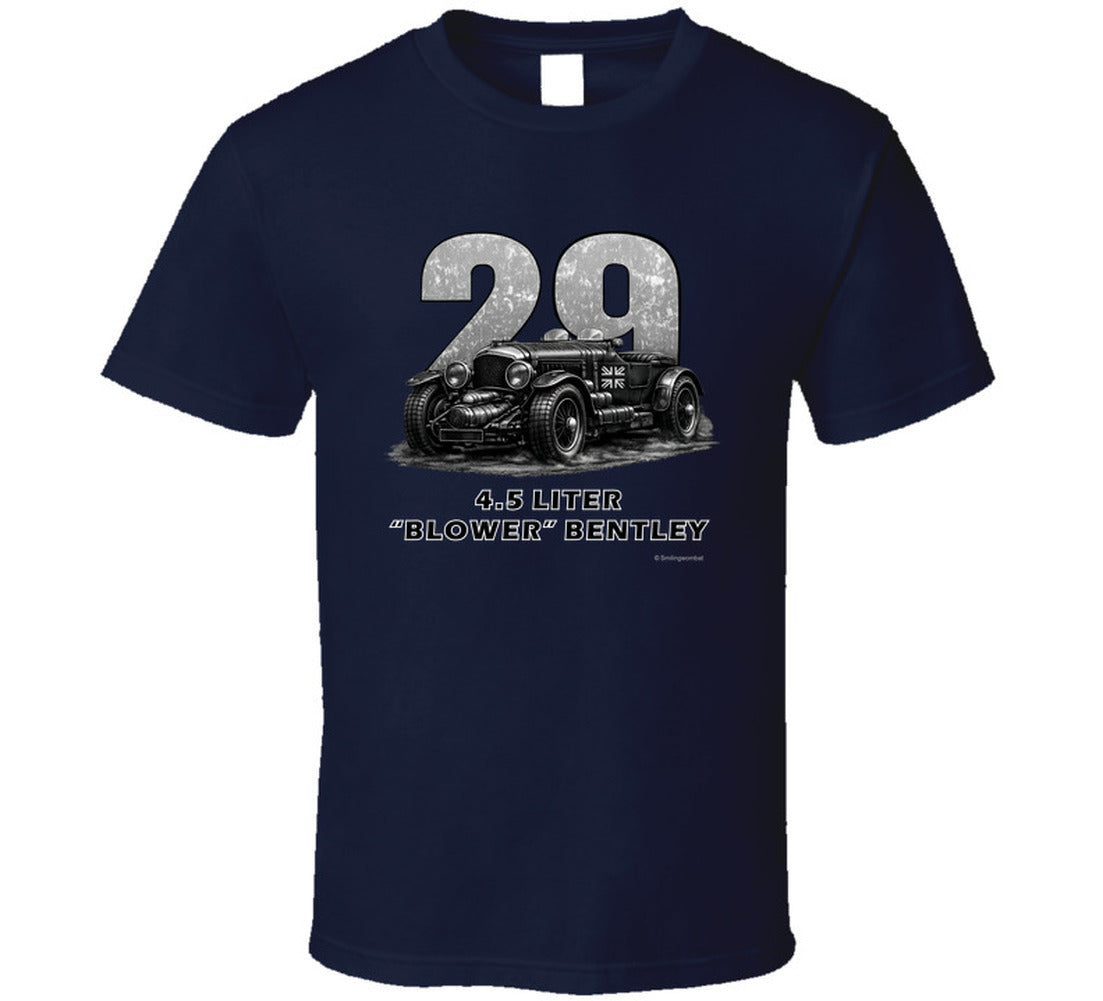 "1929 Blower Bentley vintage racing car t-shirt in navy blue with distressed graphic design"