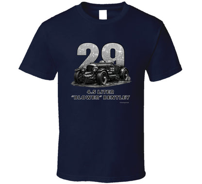 "1929 Blower Bentley vintage racing car t-shirt in navy blue with distressed graphic design"