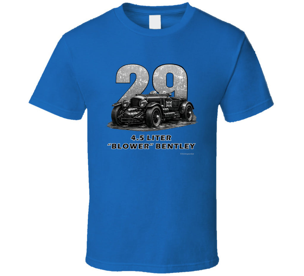 "1929 Blower Bentley vintage racing car t-shirt in royal blue with distressed graphic design"