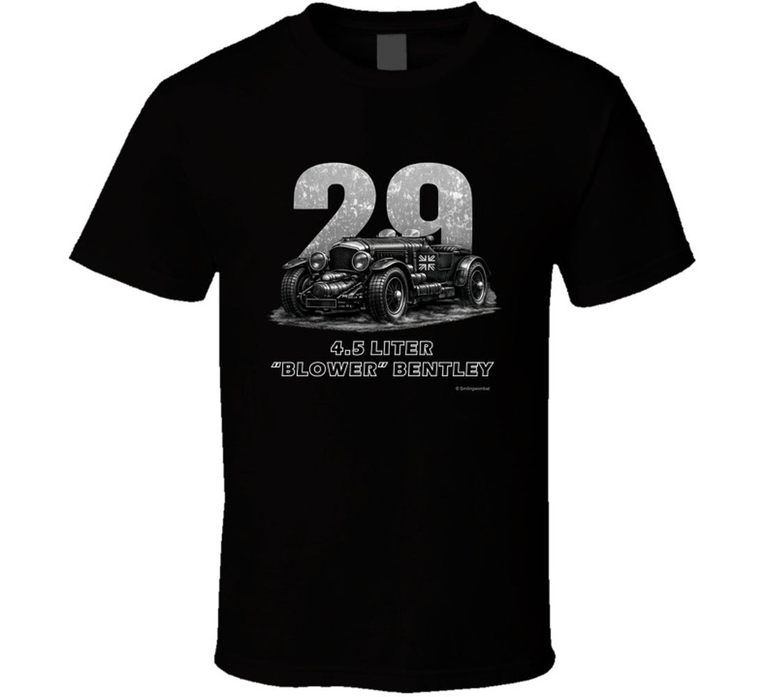 "1929 Blower Bentley vintage racing car t-shirt in black with distressed graphic design"