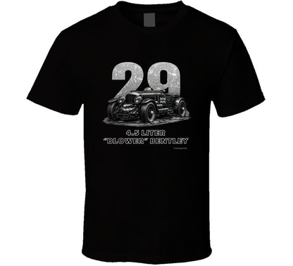 "1929 Blower Bentley vintage racing car t-shirt in black with distressed graphic design"