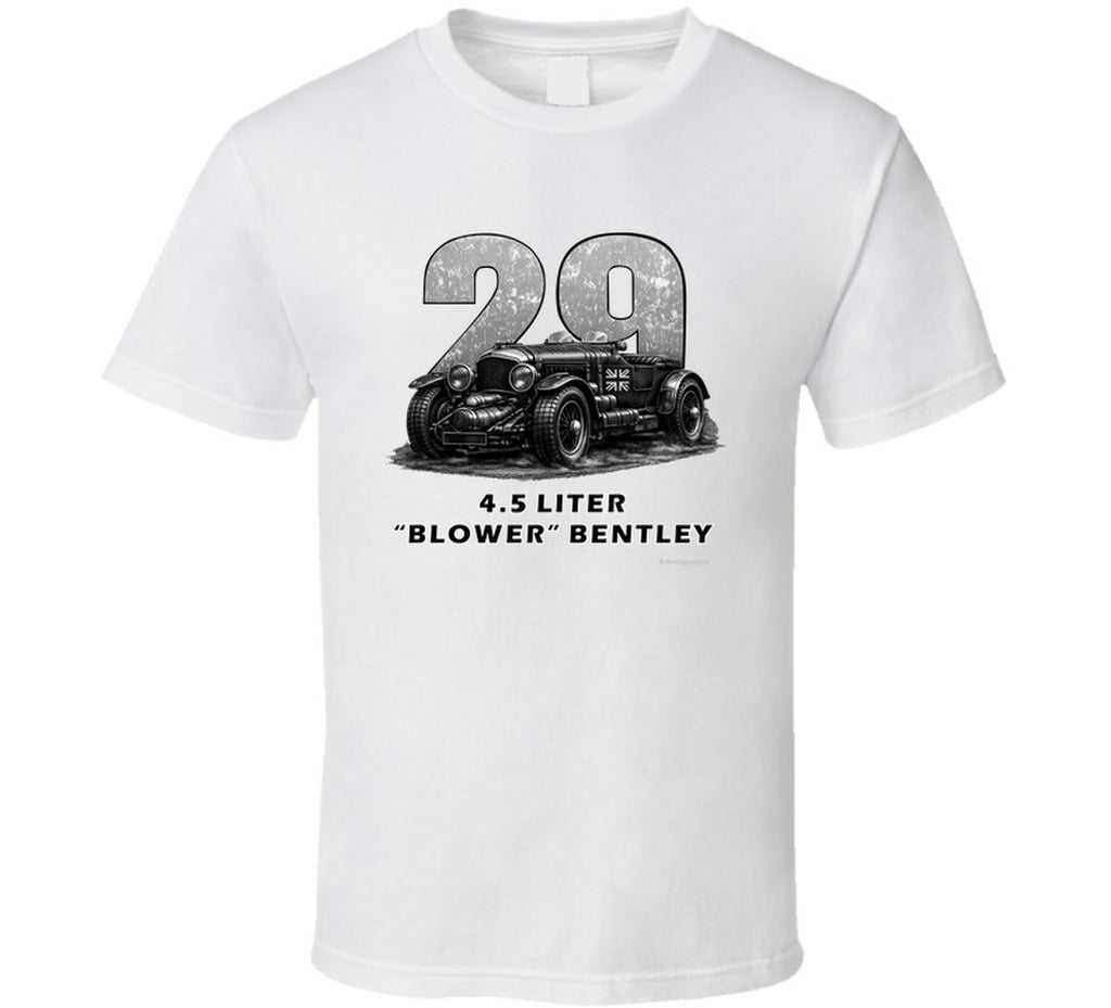 "1929 Blower Bentley vintage racing car t-shirt in white with distressed black graphic design"