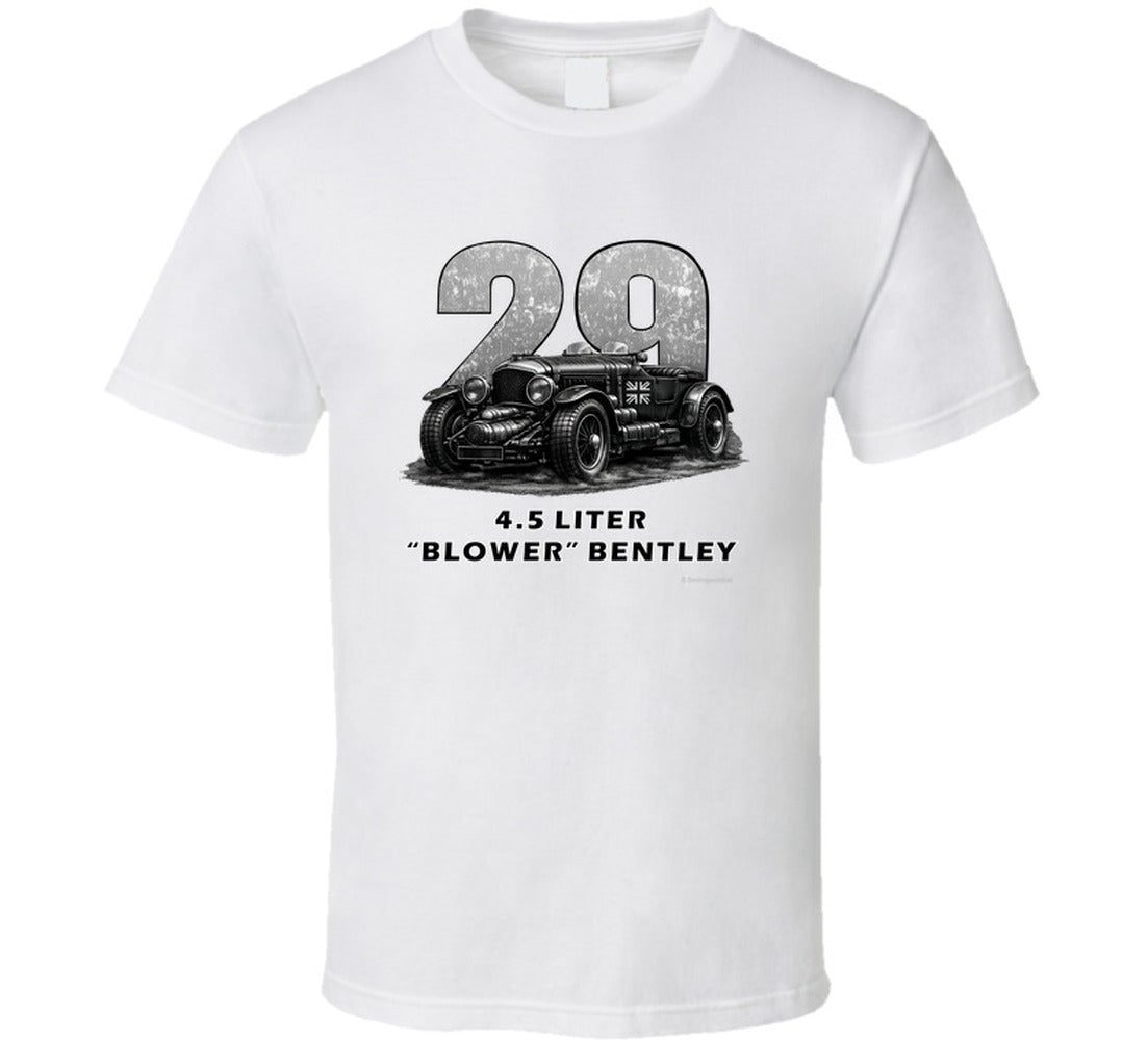 "1929 Blower Bentley vintage racing car t-shirt in white with distressed black graphic design"