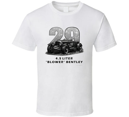 "1929 Blower Bentley vintage racing car t-shirt in white with distressed black graphic design"