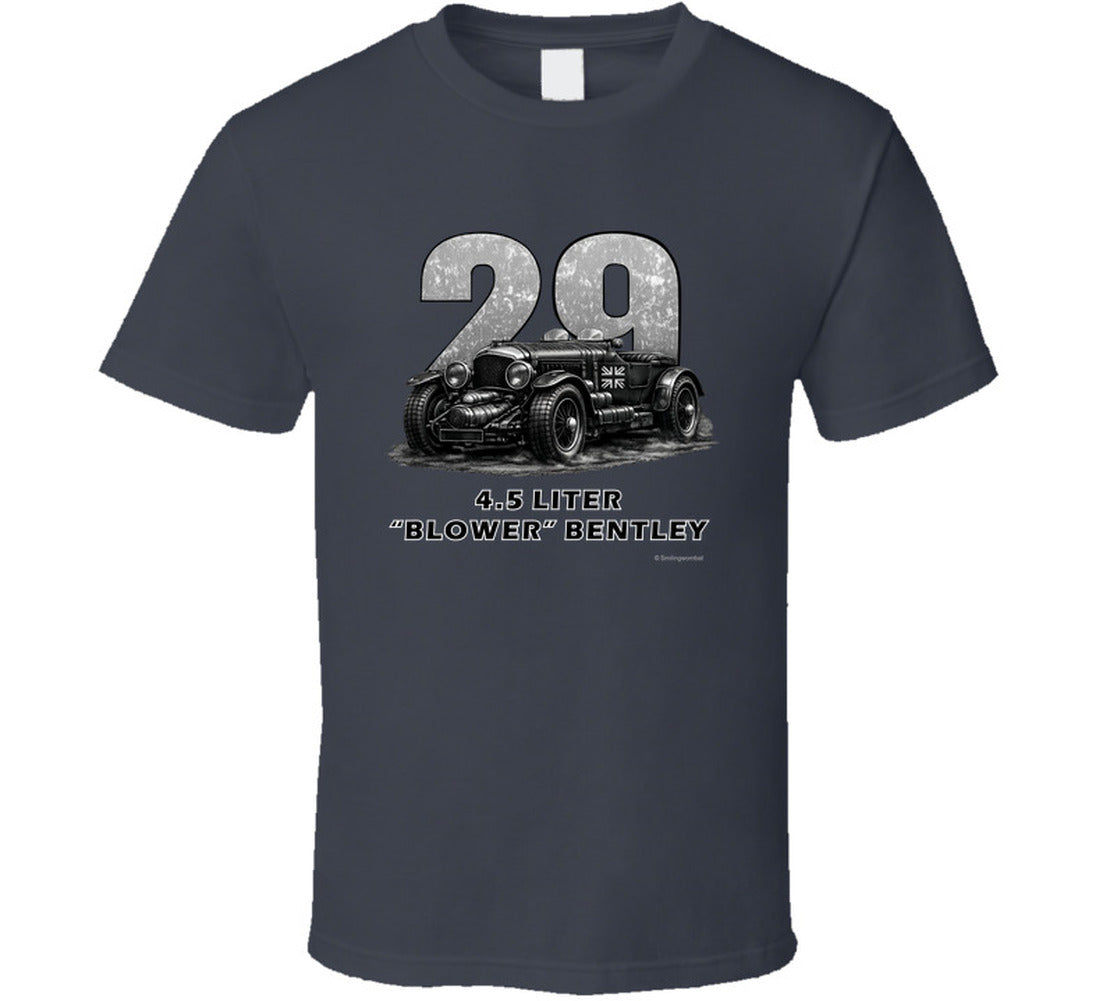 "1929 Blower Bentley vintage racing car t-shirt in charcoal grey with distressed graphic design"