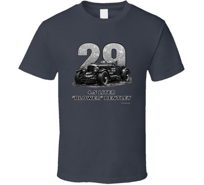 "1929 Blower Bentley vintage racing car t-shirt in charcoal grey with distressed graphic design"