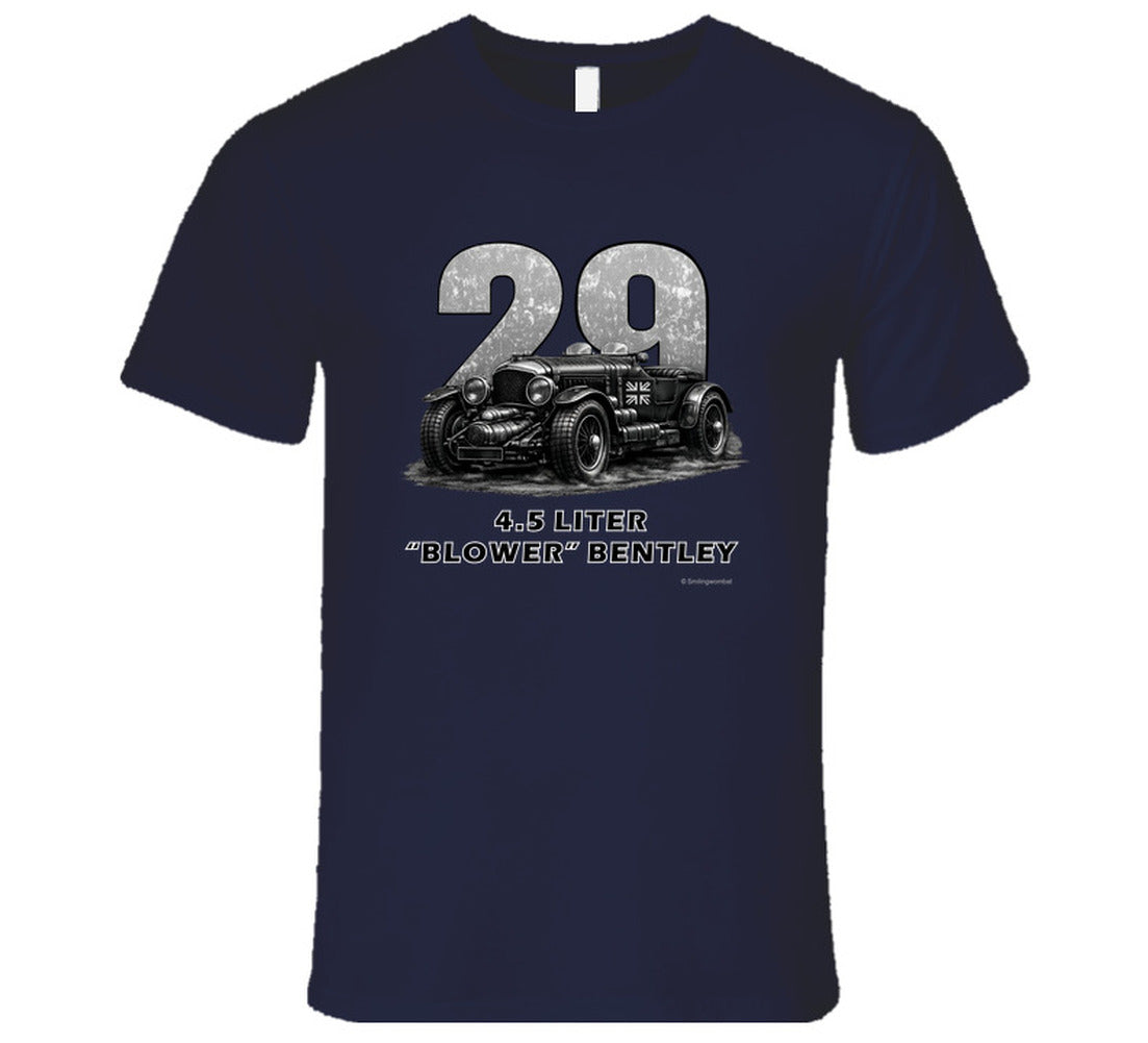 "1929 Blower Bentley vintage racing car t-shirt in navy blue with distressed graphic design"