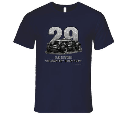 "1929 Blower Bentley vintage racing car t-shirt in navy blue with distressed graphic design"