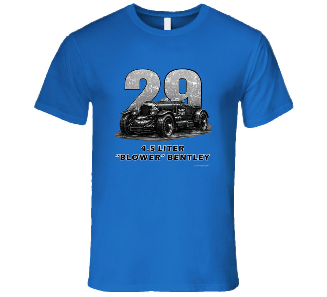 "1929 Blower Bentley vintage racing car t-shirt in royal blue with distressed graphic design"