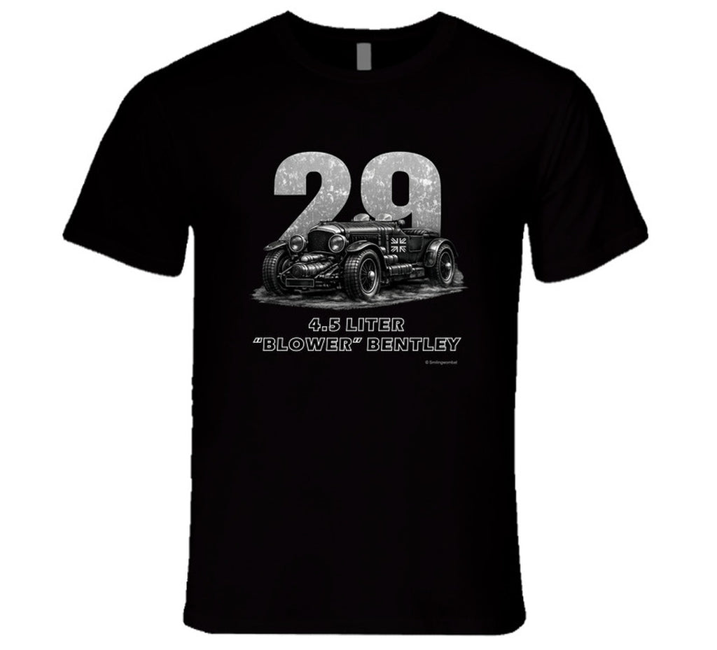 "1929 Blower Bentley vintage racing car t-shirt in black with distressed graphic design"
