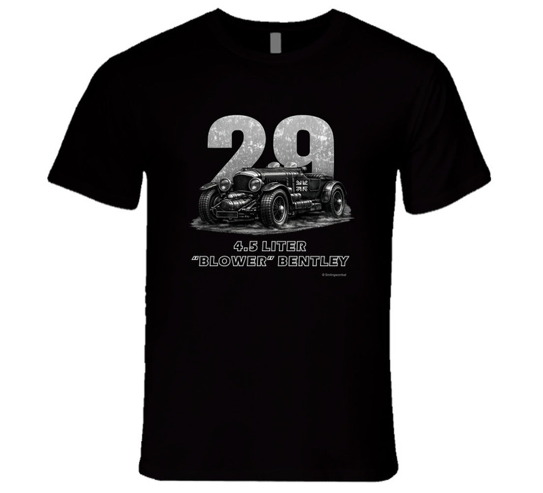 "1929 Blower Bentley vintage racing car t-shirt in black with distressed graphic design"