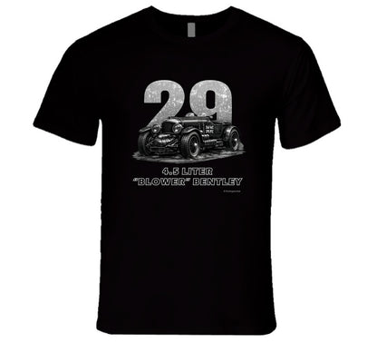 "1929 Blower Bentley vintage racing car t-shirt in black with distressed graphic design"
