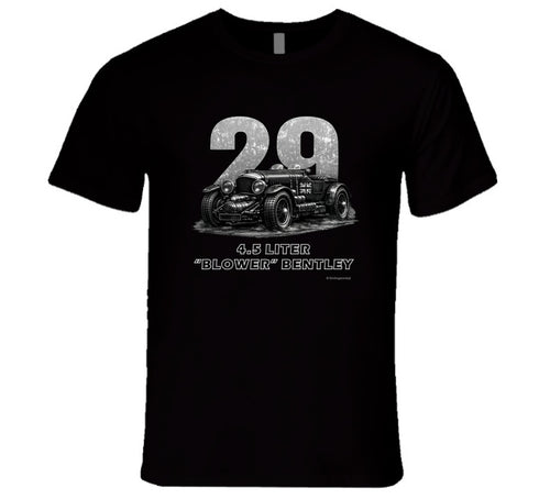 "1929 Blower Bentley vintage racing car t-shirt in black with distressed graphic design"