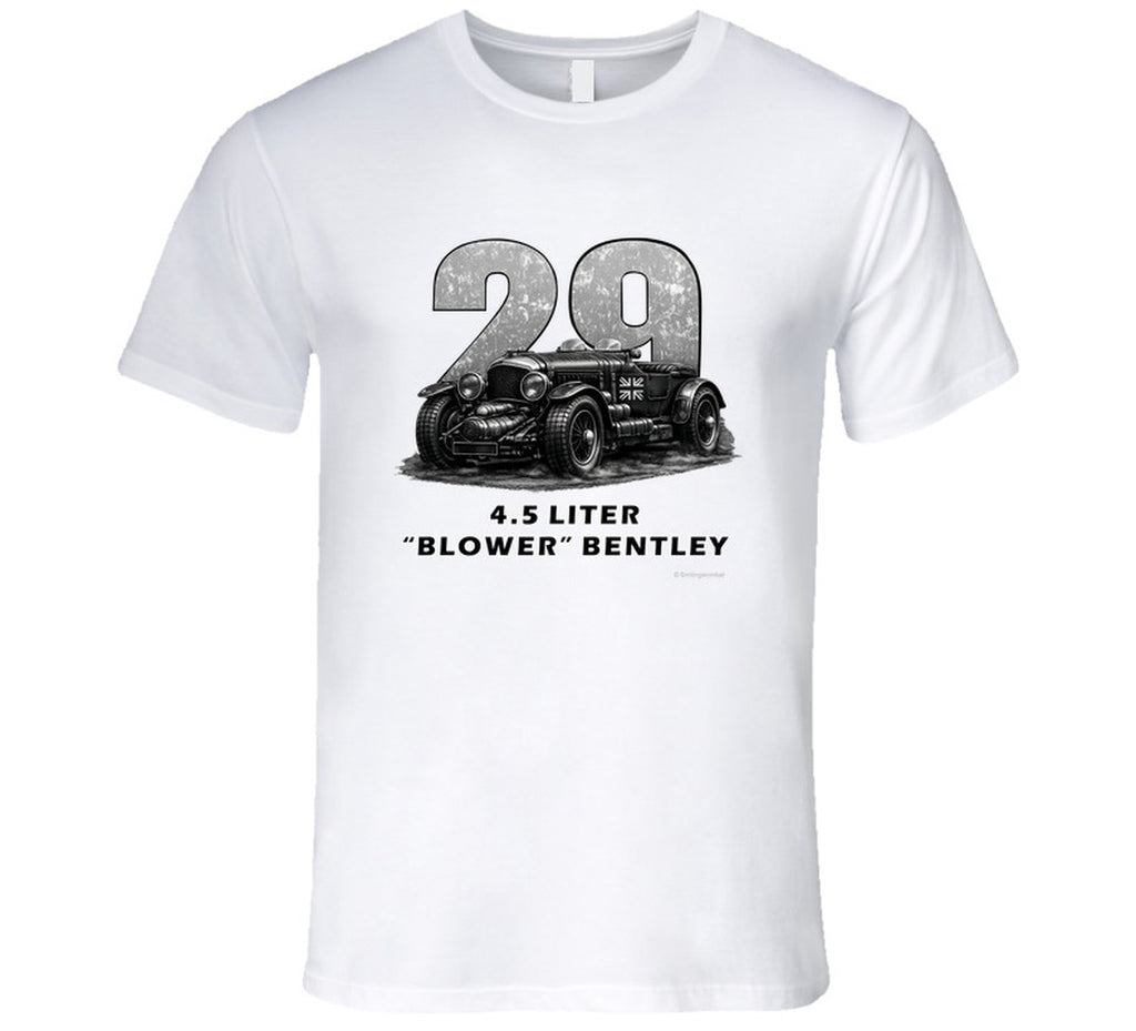 "1929 Blower Bentley vintage racing car t-shirt in white with distressed black graphic design"