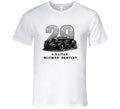 "1929 Blower Bentley vintage racing car t-shirt in white with distressed black graphic design"