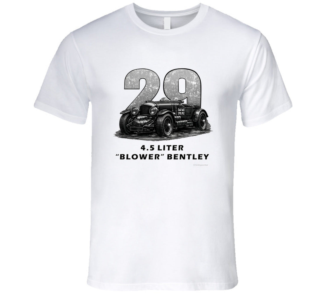"1929 Blower Bentley vintage racing car t-shirt in white with distressed black graphic design"