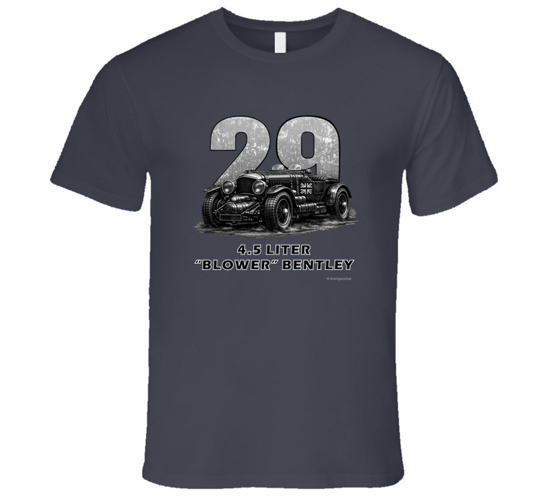 "1929 Blower Bentley vintage racing car t-shirt in charcoal grey with distressed graphic design"