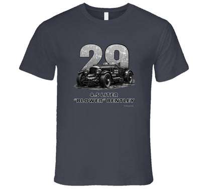 "1929 Blower Bentley vintage racing car t-shirt in charcoal grey with distressed graphic design"