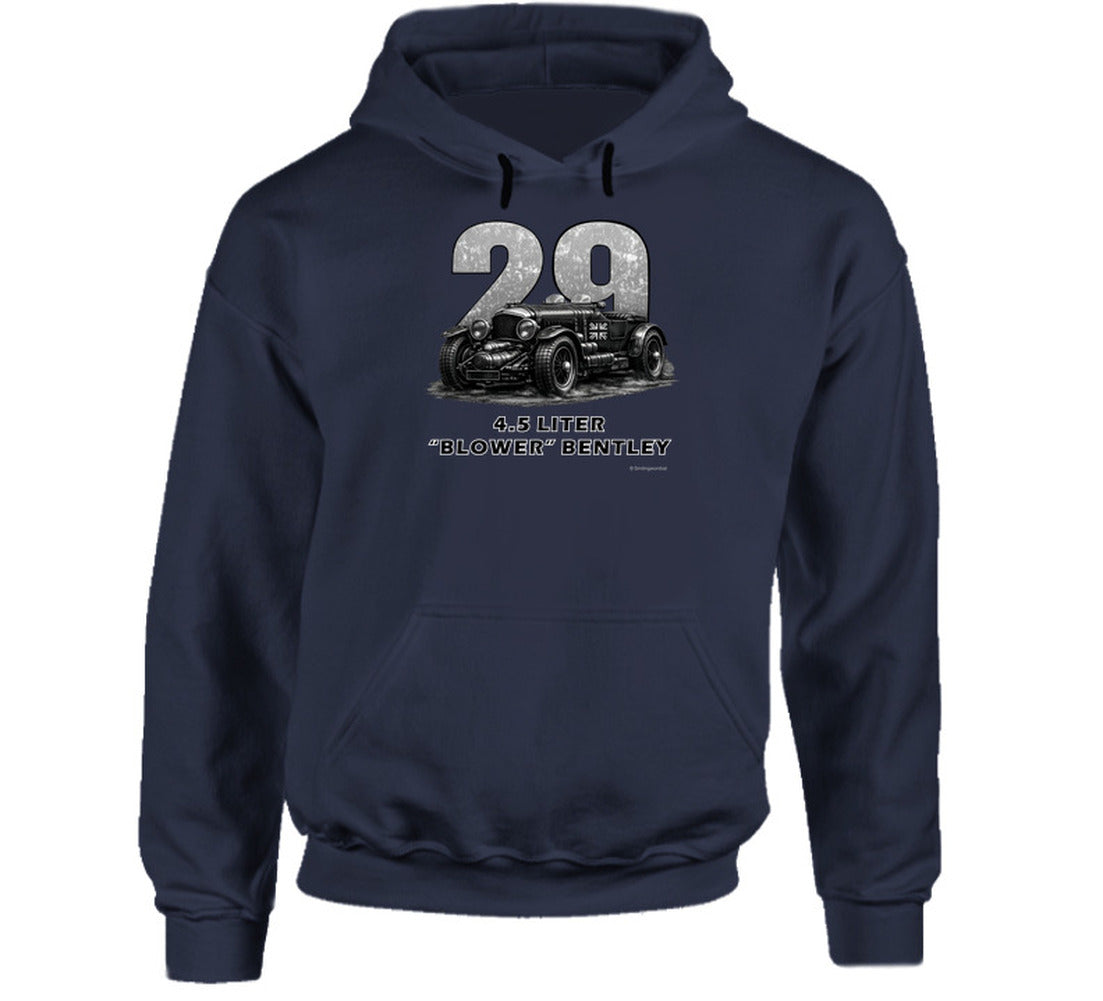 "1929 Blower Bentley vintage racing car hoodie in navy blue with distressed graphic design"